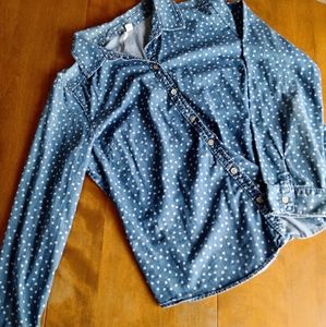 Light denim button up shirt w/ heart embellishment